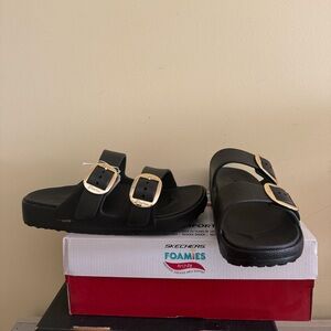 Skechers Black Slides with Gold Accents